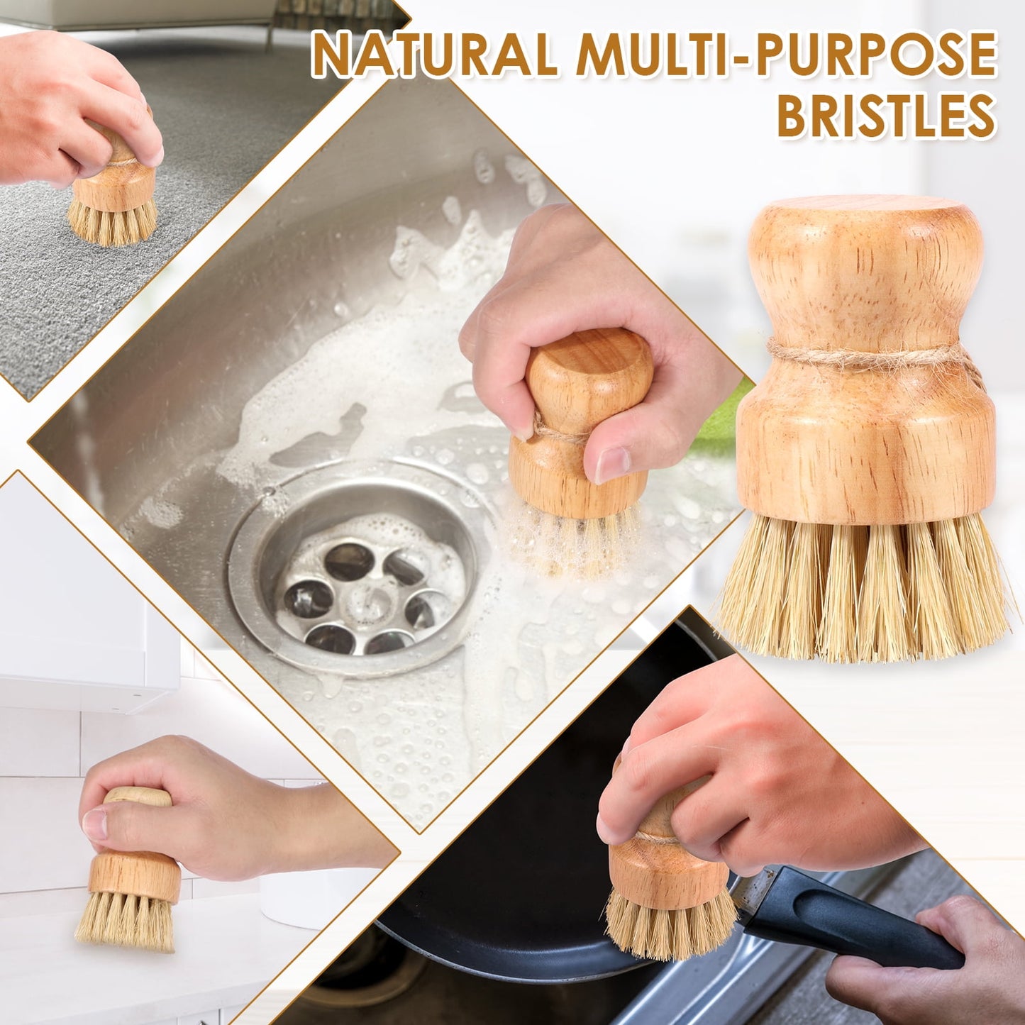 Txkrhwa 3 Packs Wooden Dish Brush, Natural Bamboo Dish Scrub Brush, Sisal Bristles Dish Scrubber Brush, Kitchen Scrub Brush with Handle and Hanging Rope for Cleaning