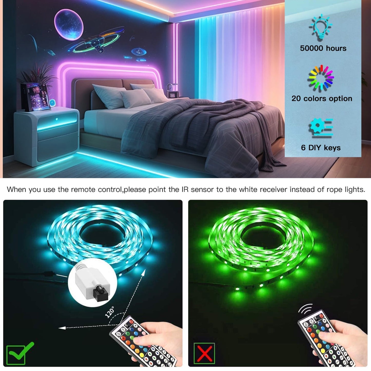 GUPUP LED Strip Lights,100ft Color Changing Lights with 44 Key IR Remote and 24V Power Supply,Safe for Indoor Decor