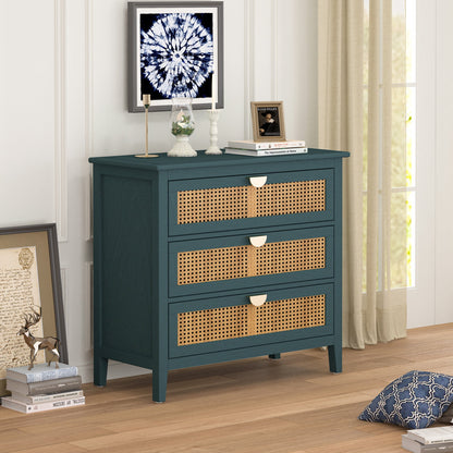 3-Drawer Dresser with Rattan Decorated Chest, 30.71" H Modern Accent Storage Cabinet with Metal Handle, Free Standing Sideboard for Bedroom Living Room and Study. Green