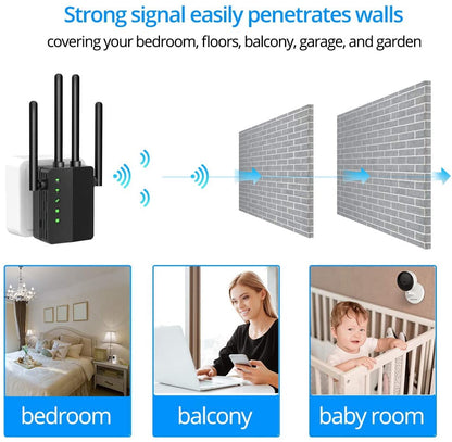 WiFi Range Extender, 1200Mbps Signal Booster Repeater Cover up to 2500 Sq.ft, 2.4 & 5GHz Dual Band WiFi Extender, 4 Antennas 360° Full Coverage Wireless Internet Amplifier for Smart Home Devices