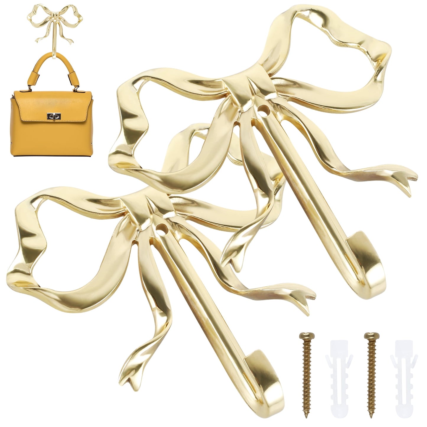 FUYGRCJ 2 Pcs Bow Hook Bowknot Wall Hook Brass Bow Wall Hook Wall Mounted Golden Key Hook Decorative Hanging Metal Hook 9.2x9x2cm Large Single Hook for Hat Towel Home Bedroom