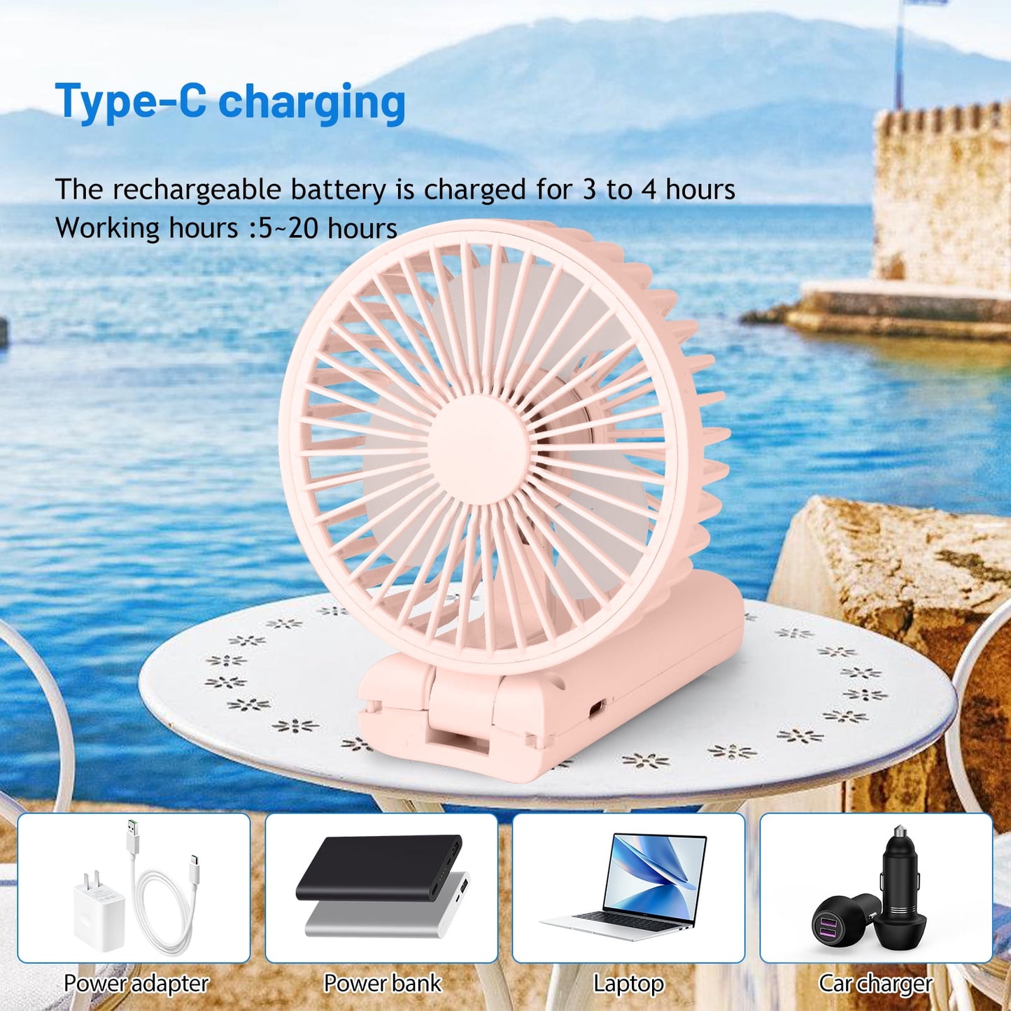 Bilivry Handheld Fan with Lanyard Base ,Type-C, for Girls Women Kids, Travel, Outdoor Indoor Office