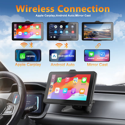HOMPOW Apple Carplay 7" HD Portable Wireless Apple Carplay & Android Auto,Backup Camera,Automatic Multimedia Player,Car Stereo with Bluetooth Hands-Free/Mirror Link/Navigation/AUX for All Vehicles