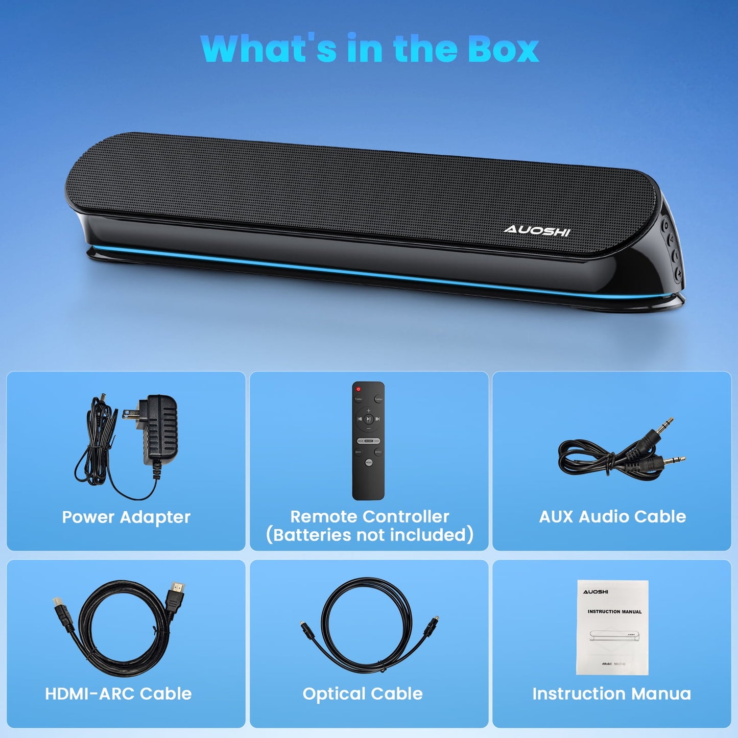 AUOSHI 2.1ch Sound Bar for TV, 60W Small Soundbar with Subwoofer, Surround Sound System Bluetooth Speaker with Bluetooth/HDMI/OPT/AUX/USB Connection for TV /PC/Projectors, Remote Control,16.5inch