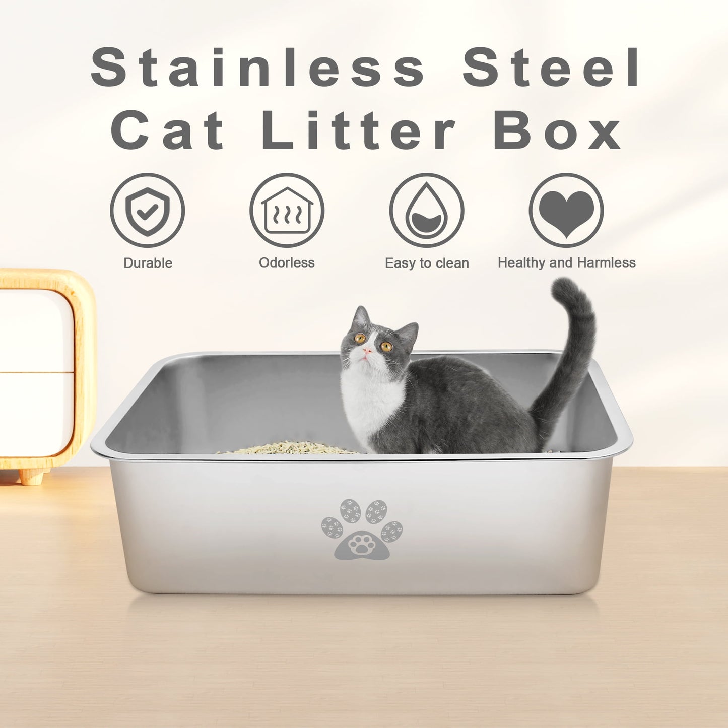 Ptlom Cat Litter Box with High Sides Large Stainless Steel Cat Litter Pan 23.6" x 15.7" x 7.9"