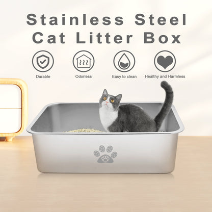 Ptlom Cat Litter Box with High Sides Large Stainless Steel Cat Litter Pan 23.6" x 15.7" x 7.9"