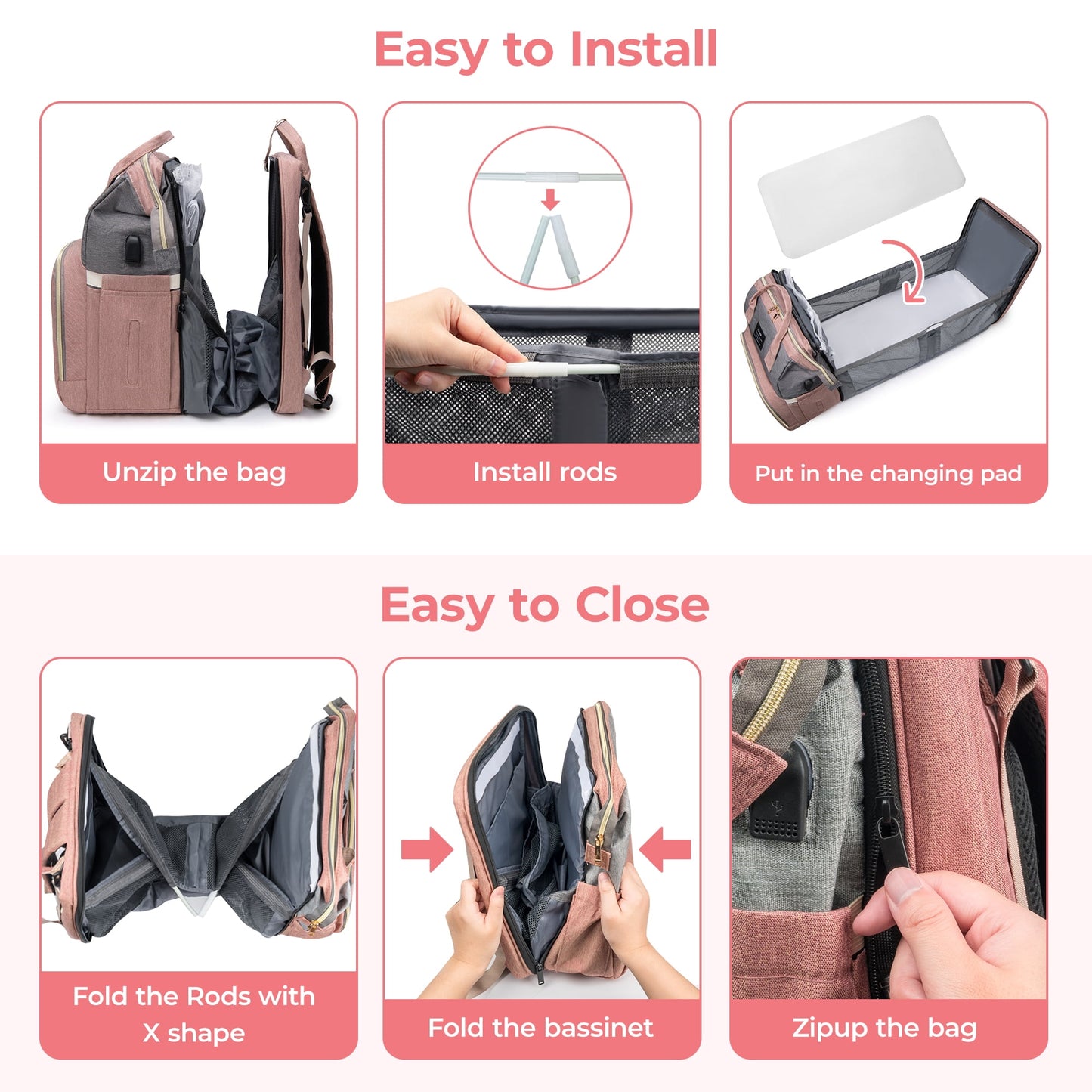 ZIMFANQI Baby Diaper Bag Backpack, Large Capacity Bags with Foldable Changing Station, Diaper Bag Organizing Pouches, Multifunctional Waterproof Travel Back Pack for Moms and Dads, USB Charging Port