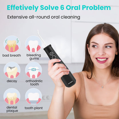 AUOSHI Water Flosser Portable Cordless Oral Irrigator , 4 Modes 5 Tips Rechargeable IPX7 Waterproof Teeth Cleaner for Home and Travel 300ML Black