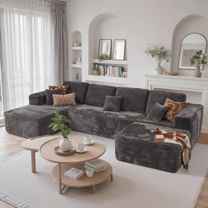 Toject 135" Cloud Sectional Couch, Modern Modular Sleeper Couch with Deep Seat Chaise Lounge, No Assembly Required, Plush Corduroy Sofa Couch with Ottoman for Living Room, Gray