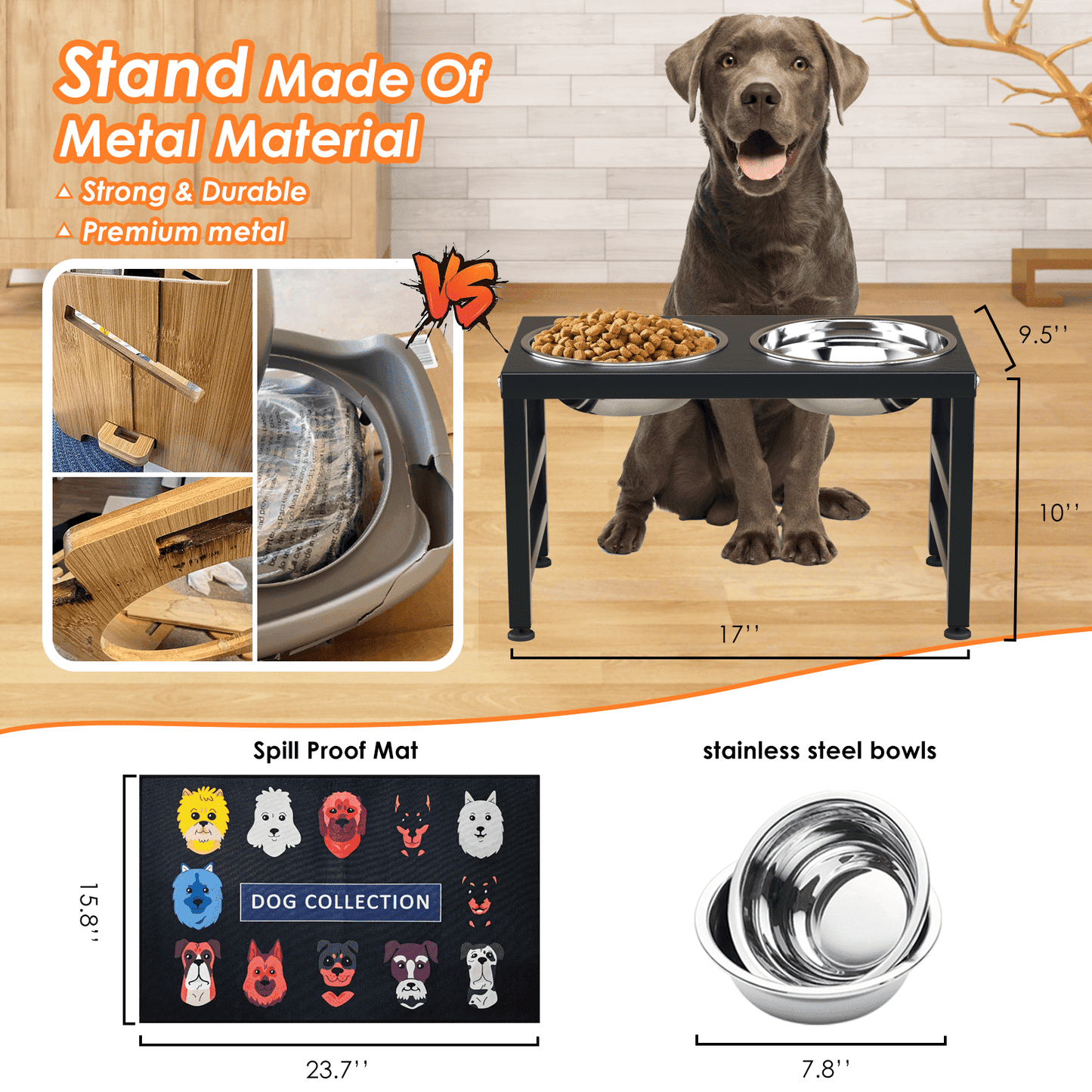 Metal Raised Dog Bowl Stand for Large and Medium Dogs, Stronger Elevated Dog Bowls with Sprill Proof Mat, Dog Food & Water Bowls 10" Tall Dog Feeder (42OZ-Stainless Steel Dog Bowls, Mat-16x24)