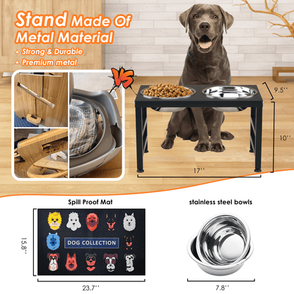 Metal Raised Dog Bowl Stand for Large and Medium Dogs, Stronger Elevated Dog Bowls with Sprill Proof Mat, Dog Food & Water Bowls 10" Tall Dog Feeder (42OZ-Stainless Steel Dog Bowls, Mat-16x24)