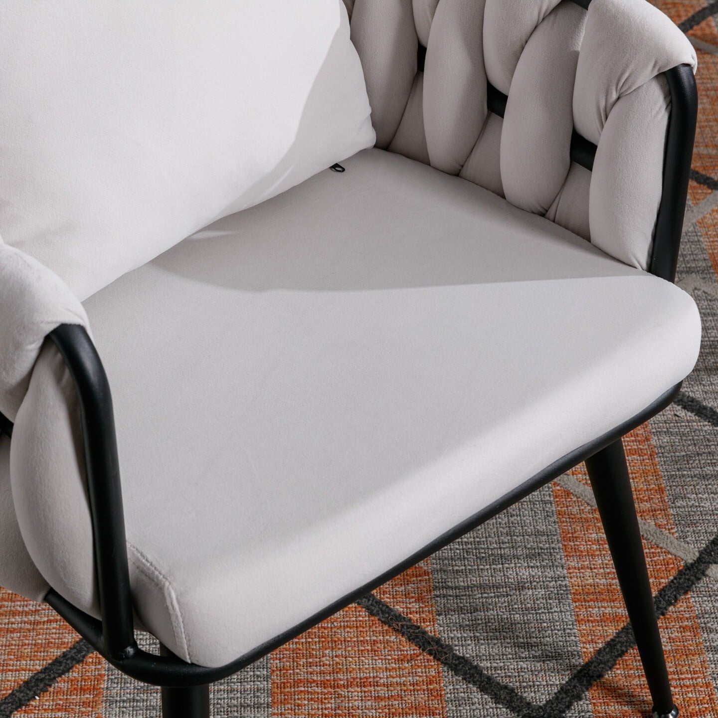 Velvet Dining Chairs Set of 2, Modern Hand Weaving Dining Room Kitchen Chair with Armrest and Back, Upholstered Comfy Living Room Accent Side Chairs for Bedroom, Vanity, Small Space, Ivory