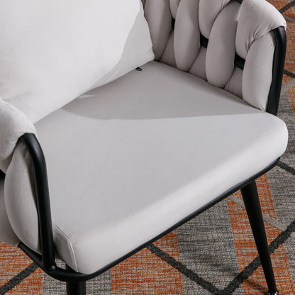 Velvet Dining Chairs Set of 2, Modern Hand Weaving Dining Room Kitchen Chair with Armrest and Back, Upholstered Comfy Living Room Accent Side Chairs for Bedroom, Vanity, Small Space, Ivory