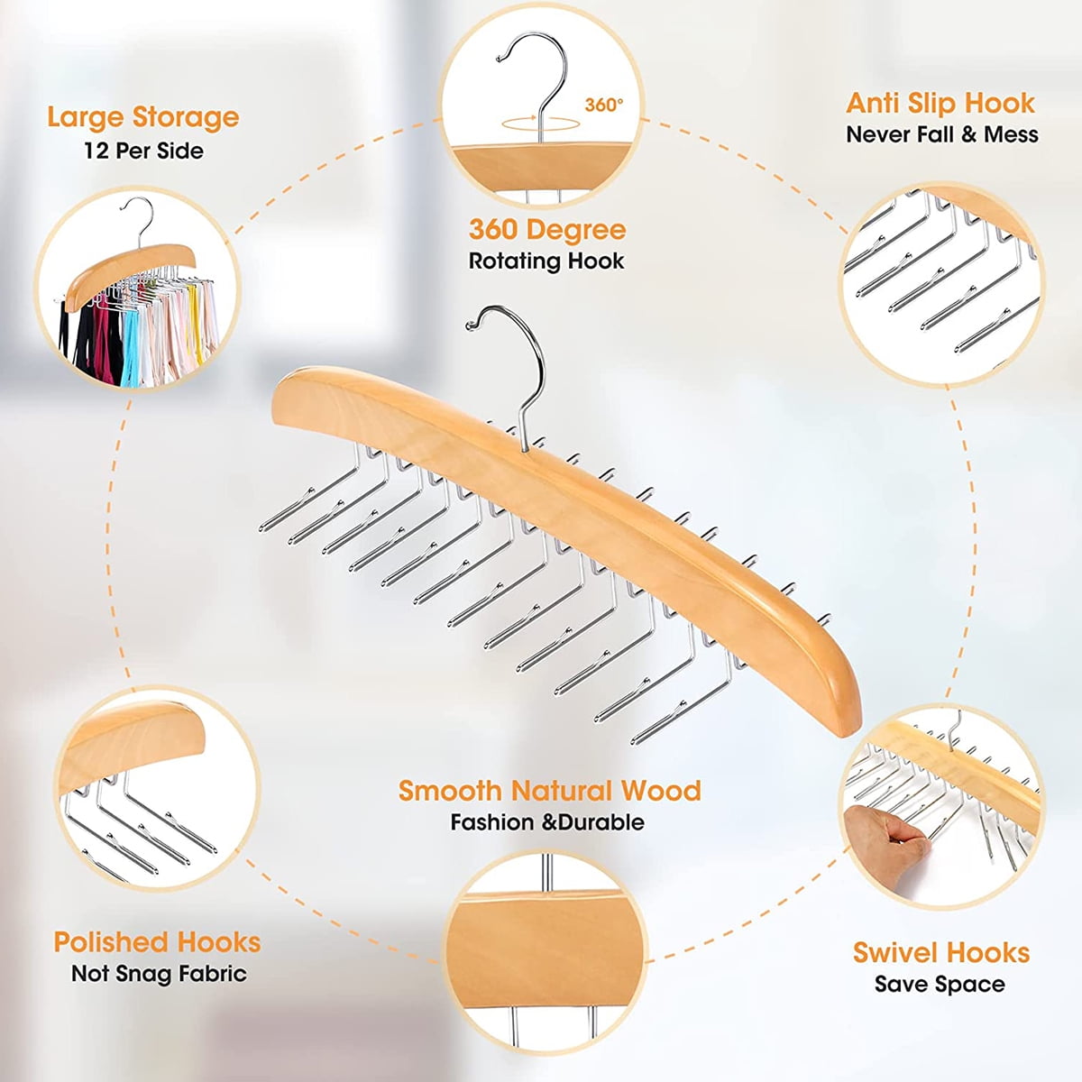 Wood Hanger Organizer Camisole Hanger Tank Top Organizer with 24 Metal Hooks 360 Degrees Rotation Strappy Dress Hanger Multipurpose Hanger for Home Closet Wardrobe Dormitory