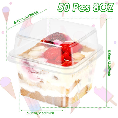 Austok 50Pcs Plastic Dessert Cups with Lids 8oz Reusable Cupcake Container Clear Square Single Dessert Box Sealed Cake Storage Box for Dessert Muffins Cupcake Pudding Mousse Party