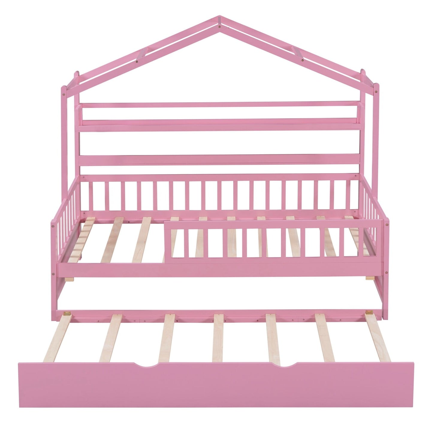Modern Twin House Bed with Roof and Trundle, Wooden Kids Bed Frame with Storage Shelf, Cute Playhouse Bed with Fence Guardrails for Kids, Teens, Boys, Girls, Pink