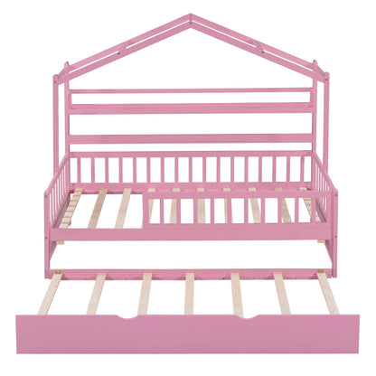 Modern Twin House Bed with Roof and Trundle, Wooden Kids Bed Frame with Storage Shelf, Cute Playhouse Bed with Fence Guardrails for Kids, Teens, Boys, Girls, Pink