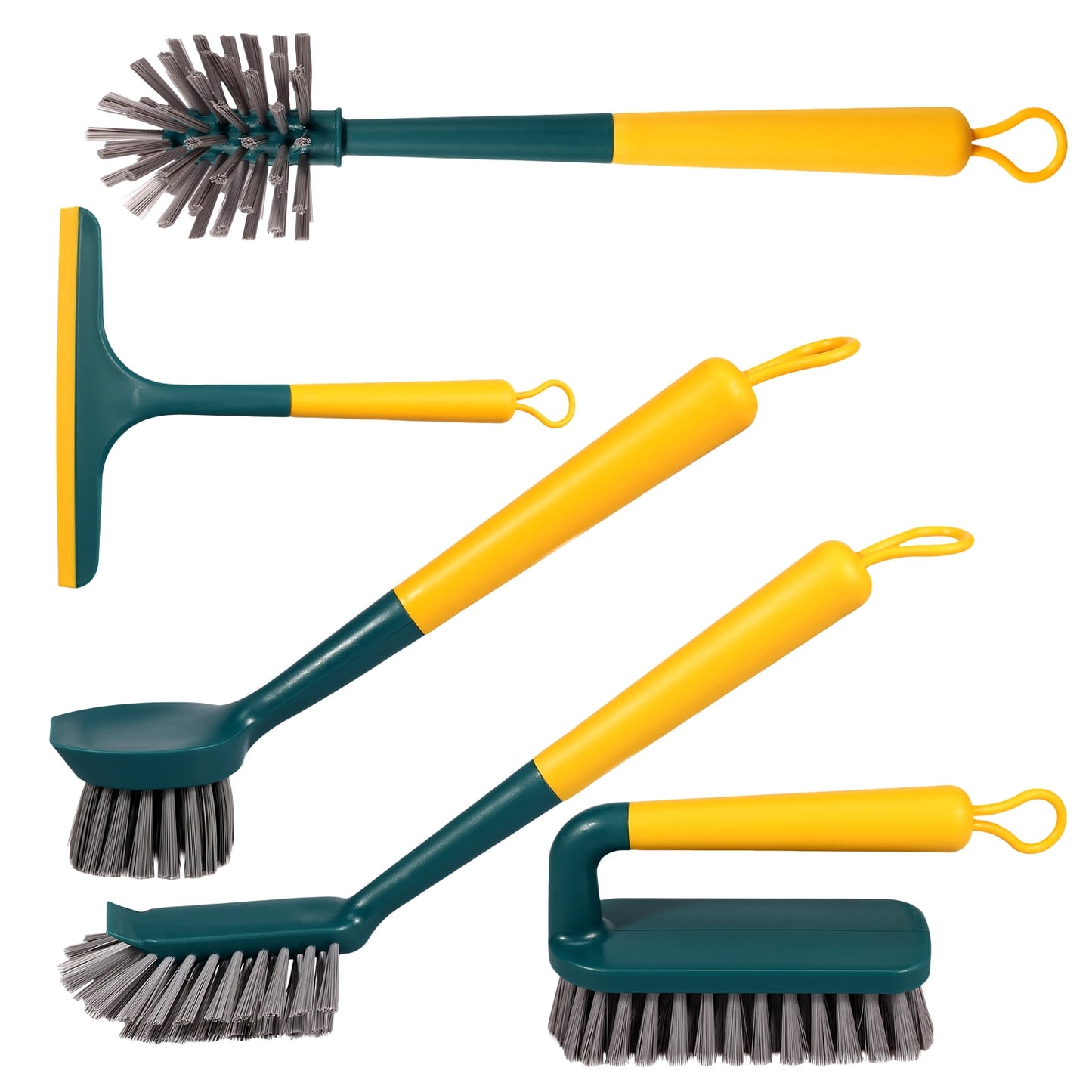 Txkrhwa 5PCS Multipurpose Kitchen Cleaning Brushes Set, Dish Brush with Handle, Bottle Brush Set, Window Squeegee Scrub Brush, Countertop Cleaning Brushes, Silicone Handle with Hook