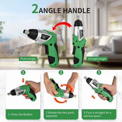 Bcamelys Cordless Electric Screwdriver with Pivoting Handle, LED Light and 45Pcs Bits, 3.6V, 1500mA