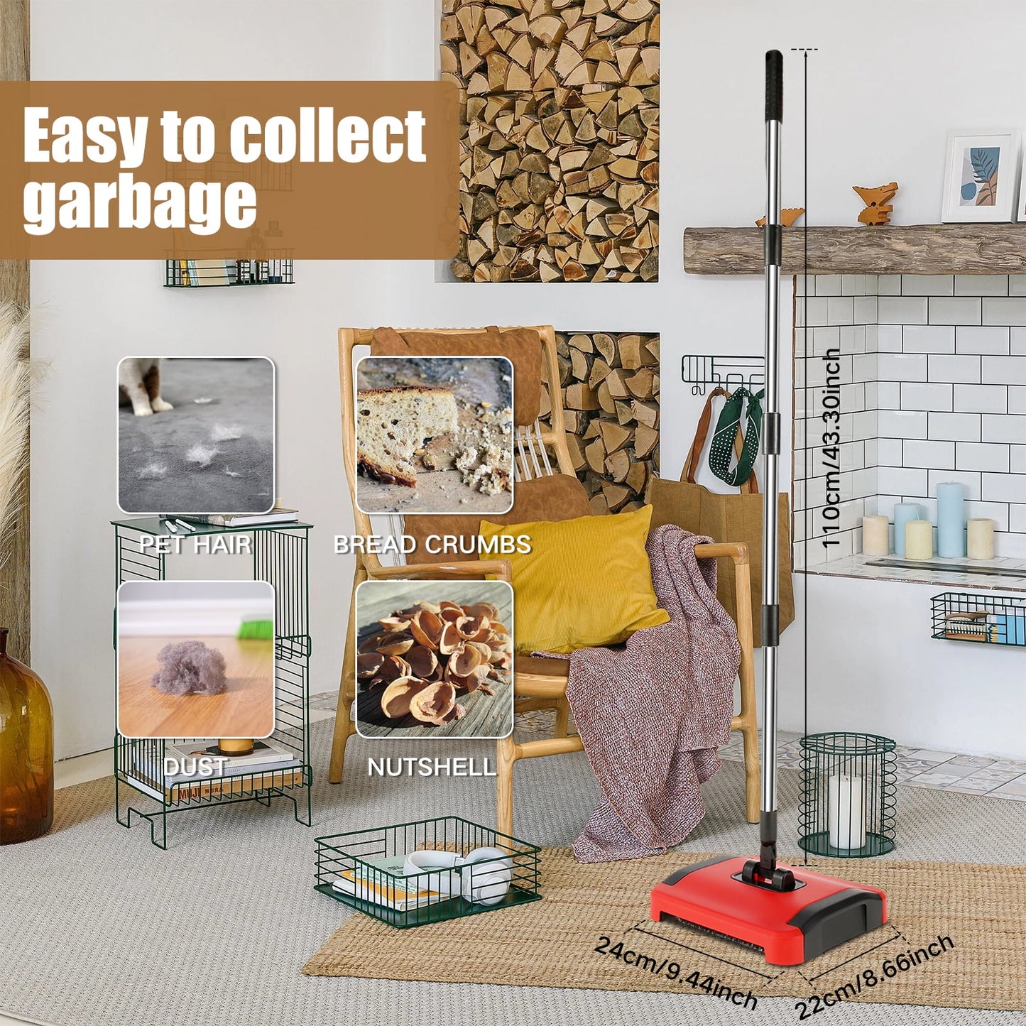 Kyoffiie Carpet Floor Sweeper with Horsehair Manual Carpet Sweeper Cleaner Carpet Broom Sweeper Efficient Hand Push Carpet Sweeper Rug Roller Brush Push for Cleaning Pet Hair Loose Debris Lint