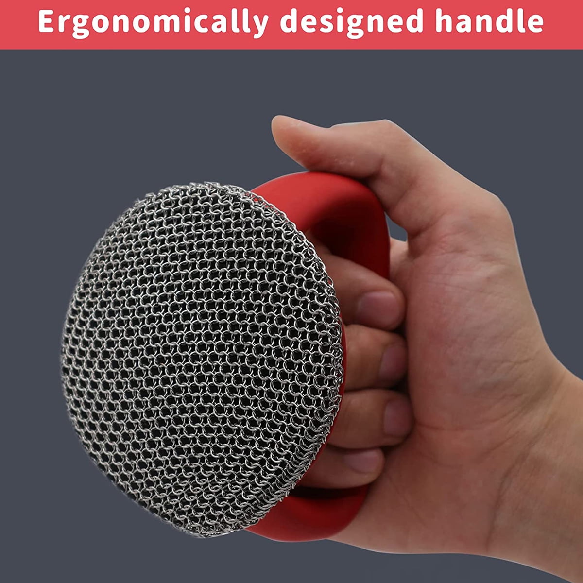 Nyidpsz Stainless Steel Cast Iron Scrubber, Chainmail Scrubber Brush with Handle, Red