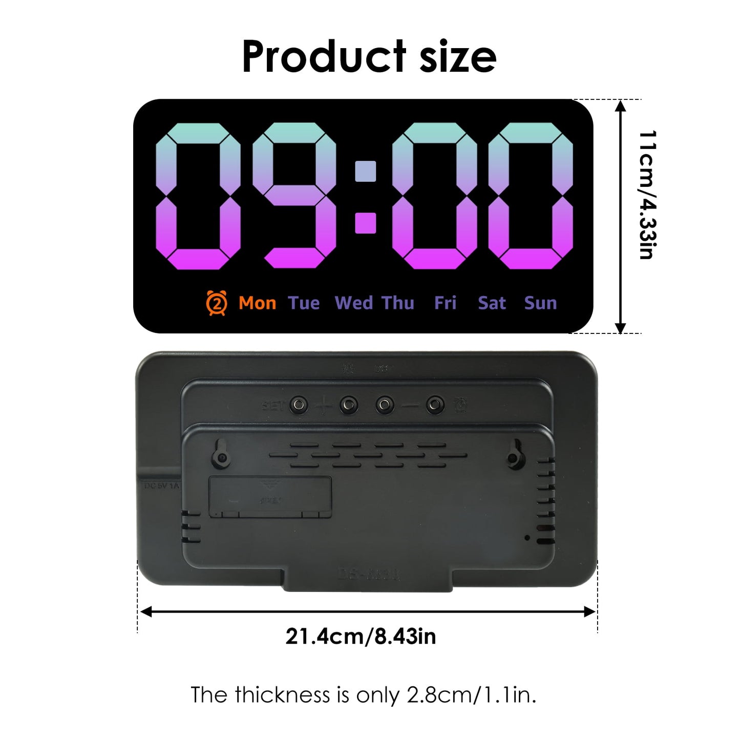 EUWBSSR Large Digital Wall Clock 8.5 In Large Display LED Alarm Clock with Date Week Temperature Dual Alarm 3 Levels Brightness Adjustable Wall Clock,Pink