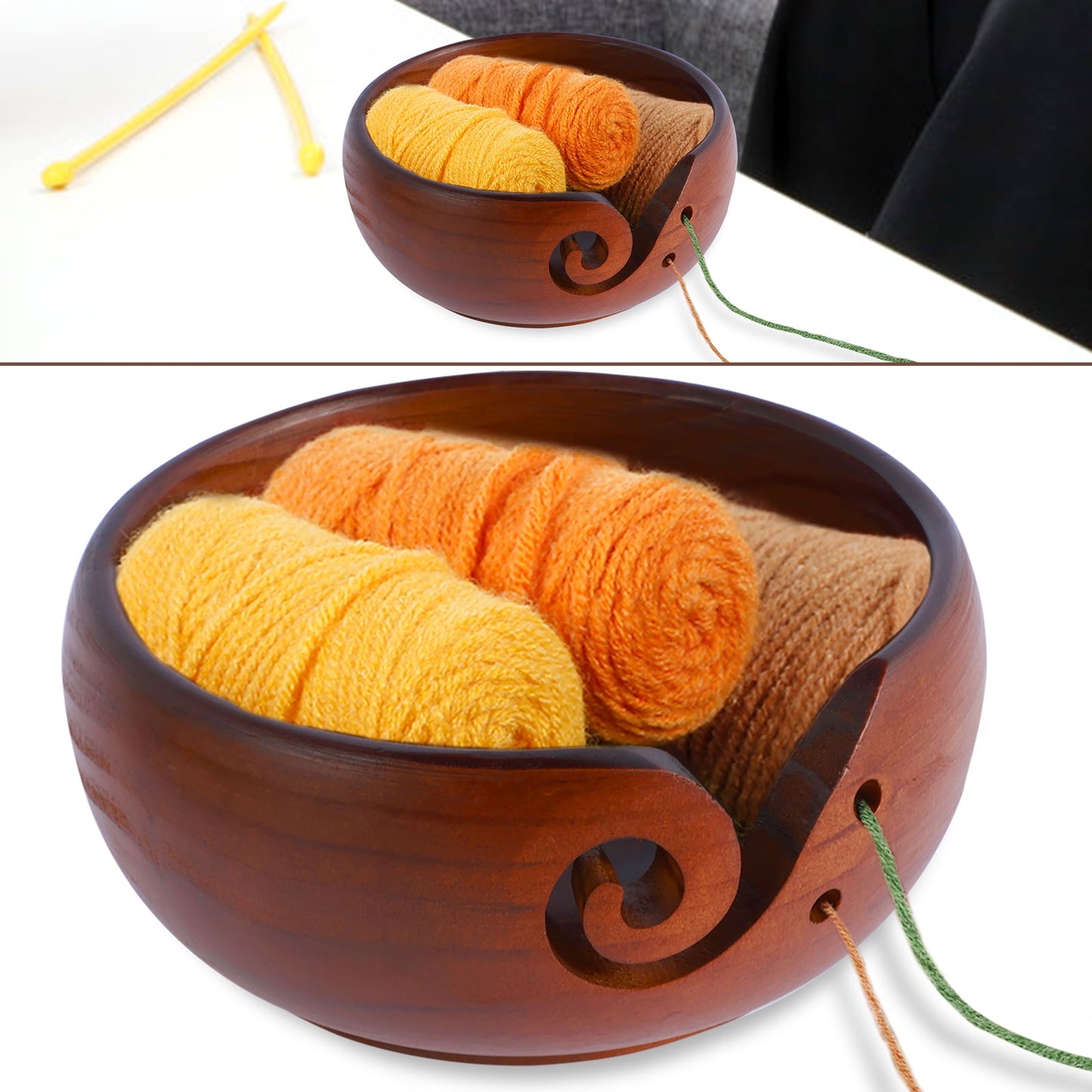 Toorise Wooden Yarn Bowl,Knitting Yarn Bowl with Holes,Pine Wood Crochet Bowl Holder,Weaving Thread Bowl to Prevent Slipping