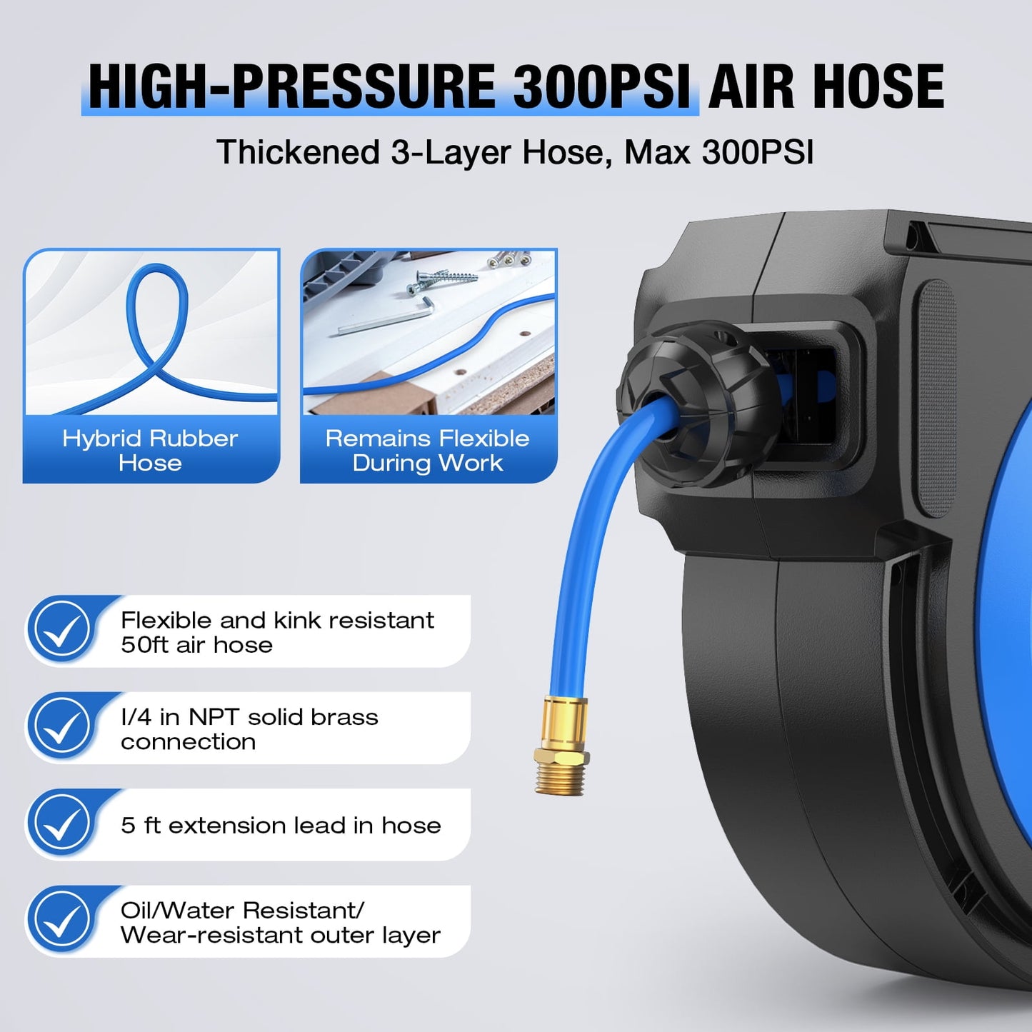 AUOSHI Retractable Air Hose Reel Air Compressor Hose Reel Automatic Rewind with 3/8 IN x 50 FT Hybrid Air Hose 5 ft Lead in Max 300PSI Wall Mount Enclosed Air Reel, 180° Swivel Mount