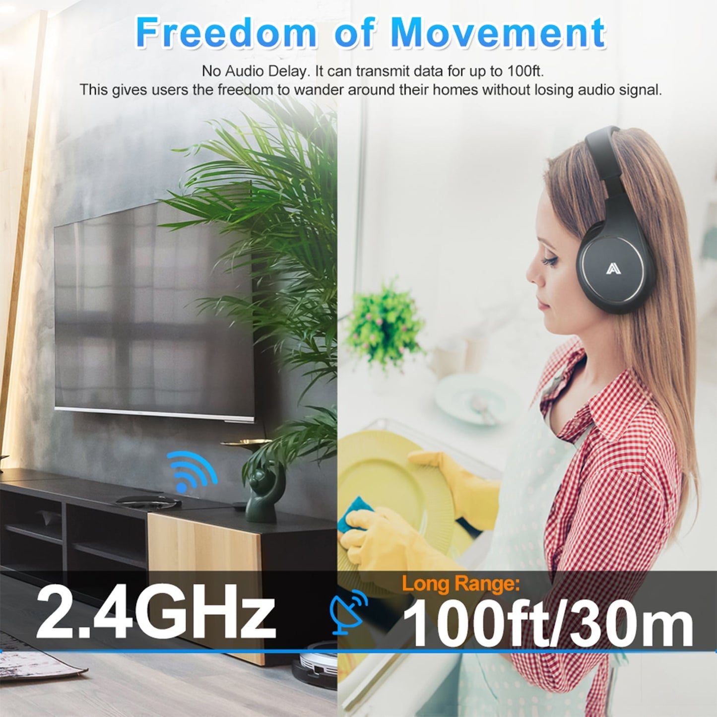 Wireless Headphones for TV Wired Over Ear Headphones Stereo Headset with 2.4GHz RF Transmitter Optical RCA AUX FM Radio 100ft Wireless Range Head Phones (Black)