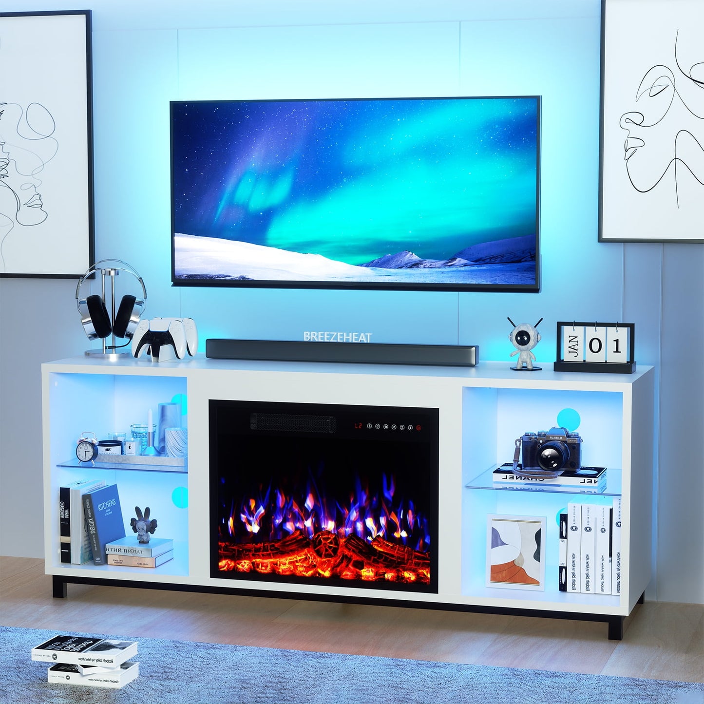 BREEZEHEAT Electric Fireplace TV Stand-Led Entertainment Center-58 inch TV Stand with 23" Electric Fireplace-Living Room Tv Cabinet with Storage for TVs up to 65"，Modern Media Console (White)