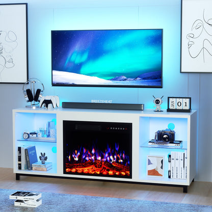 BREEZEHEAT Electric Fireplace TV Stand-Led Entertainment Center-58 inch TV Stand with 23" Electric Fireplace-Living Room Tv Cabinet with Storage for TVs up to 65"，Modern Media Console (White)