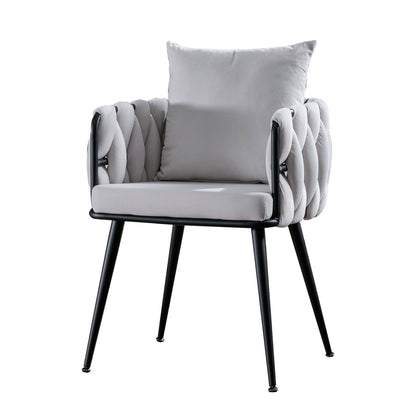 Velvet Dining Chairs Set of 2, Modern Hand Weaving Dining Room Kitchen Chair with Armrest and Back, Upholstered Comfy Living Room Accent Side Chairs for Bedroom, Vanity, Small Space, Ivory