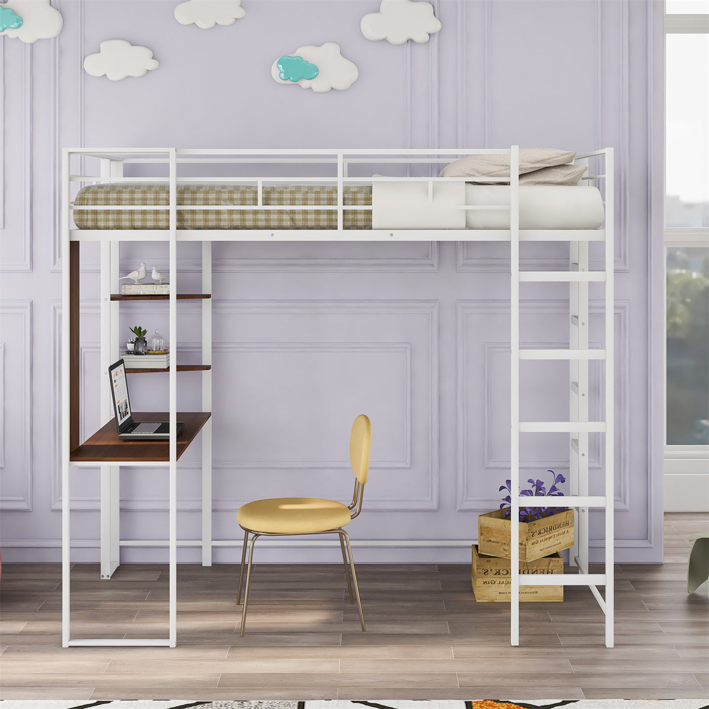Twin Size Loft Bed, Metal Loft Bed with 2 Shelves and 1 Desk for Kids Teens Adults, Space-Saving Loft Bed Frame with 2 Built-in Ladders and Full-Length Guardrails, No Box Spring Needed, White