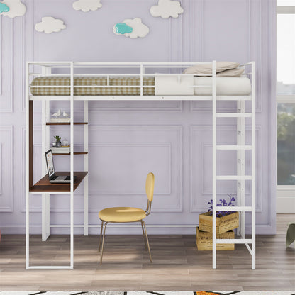 Twin Size Loft Bed, Metal Loft Bed with 2 Shelves and 1 Desk for Kids Teens Adults, Space-Saving Loft Bed Frame with 2 Built-in Ladders and Full-Length Guardrails, No Box Spring Needed, White