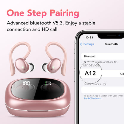 Wireless Earbuds 64hrs Bluetooth Headphone Sport, Bluetooth Earbuds Stereo Deep Bass Over Ear Bud with Earhooks, LED Display, ENC Noise Cancelling Mic, Earphones for Workout/Running, Pink