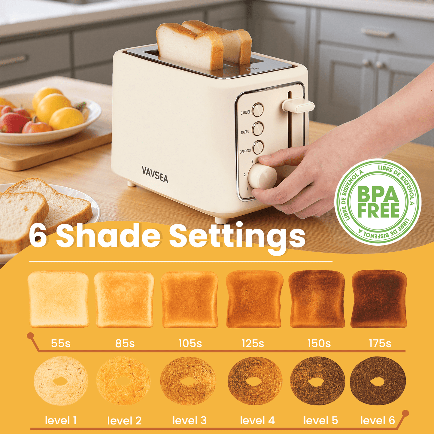 VAVSEA 2 Slice Toaster, 1000W Retro Wide Slot Toaster with 6 Shade Settings & LED Light for Bagels, Waffles, Toast, Bread, Removable Crumb Tray, Breakfast Helper, Beige