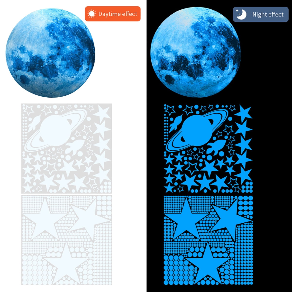 EUWBSSR 947pcs Glow In The Dark Stars,Glowing In The Dark Moon Planet Spaceship Wall Decals, Adhesive Glowing Stars Wall Stickers for Kids Nursery Kindergarten Bedroom