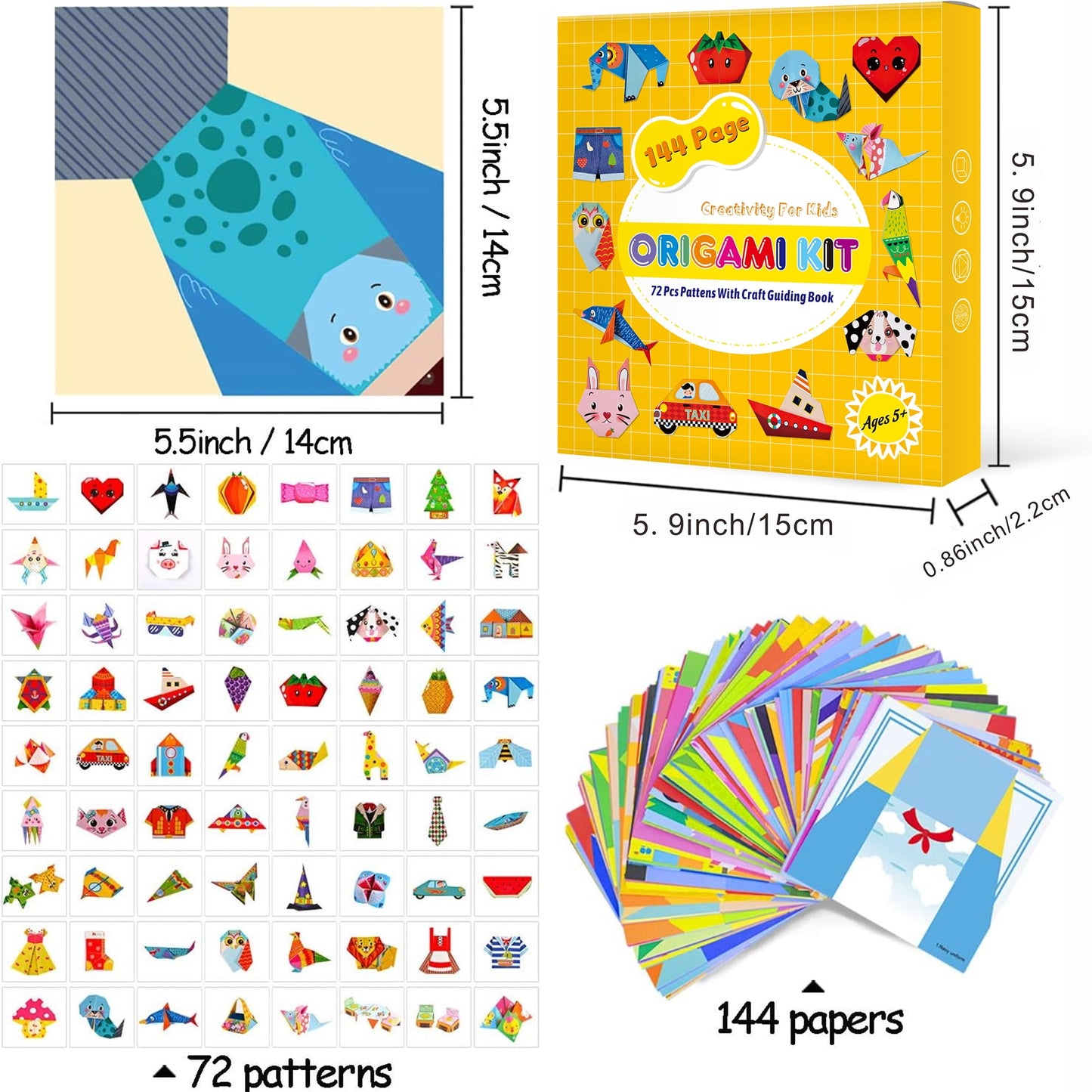 Origami Kit 144 sheets, Origami Paper Kit for Kids 72 Patterns with Craft Guiding Book, Vivid Colorful Folding Papers ,Easy DIY Art and Craft Projects, Kids Christmas Day Children's Day Gift