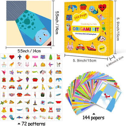 Origami Kit 144 sheets, Origami Paper Kit for Kids 72 Patterns with Craft Guiding Book, Vivid Colorful Folding Papers ,Easy DIY Art and Craft Projects, Kids Christmas Day Children's Day Gift