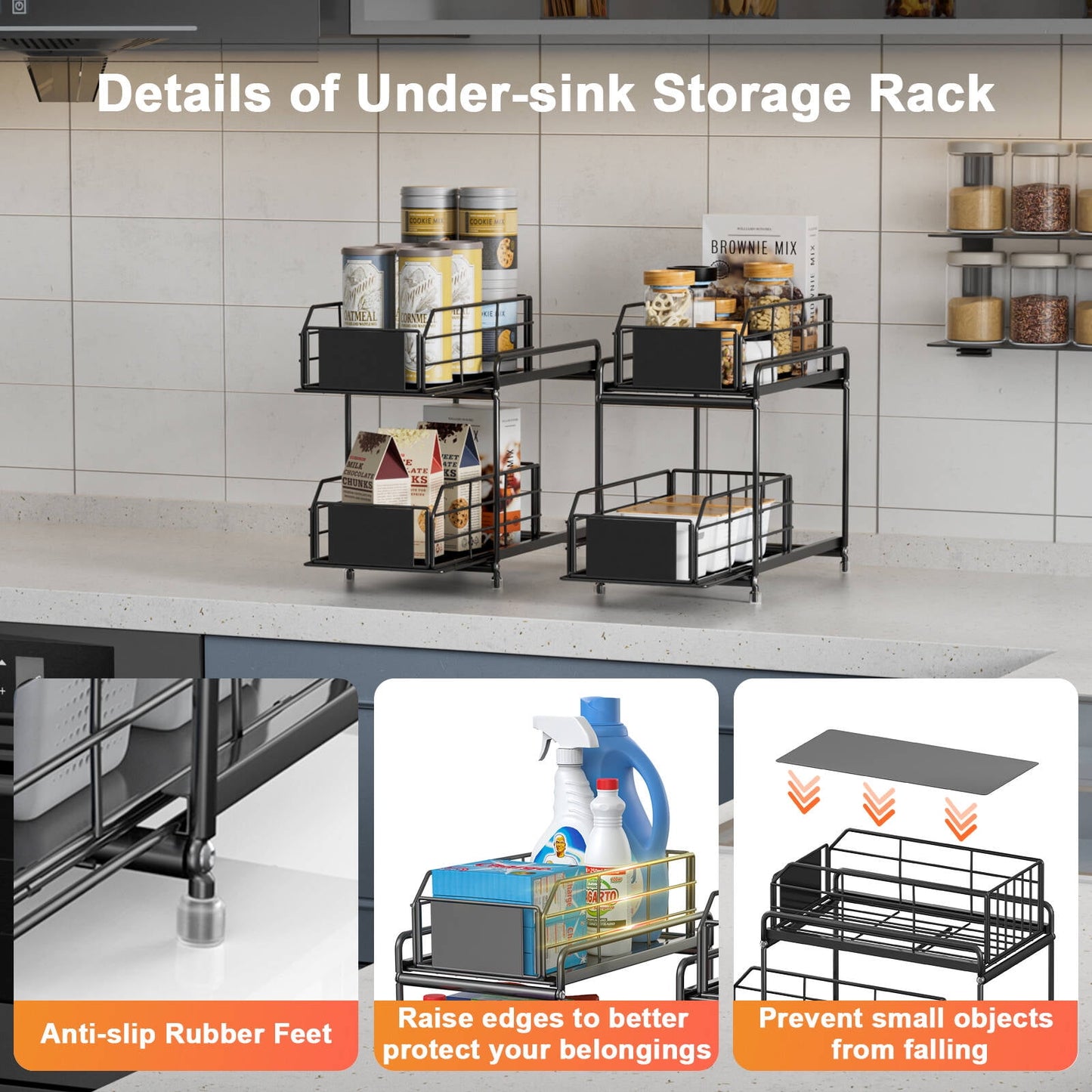 VAVSEA 2 Pack Metal Under Sink Organizers and Storage, 2 Tier Under Double Sliding Cabinet Organizer for Kitchen, Bathroom, Black