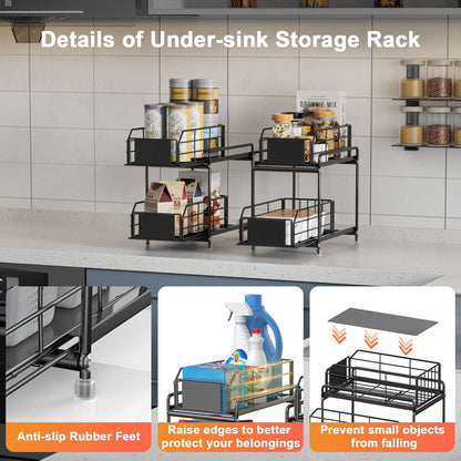 VAVSEA 2 Pack Metal Under Sink Organizers and Storage, 2 Tier Under Double Sliding Cabinet Organizer for Kitchen, Bathroom, Black