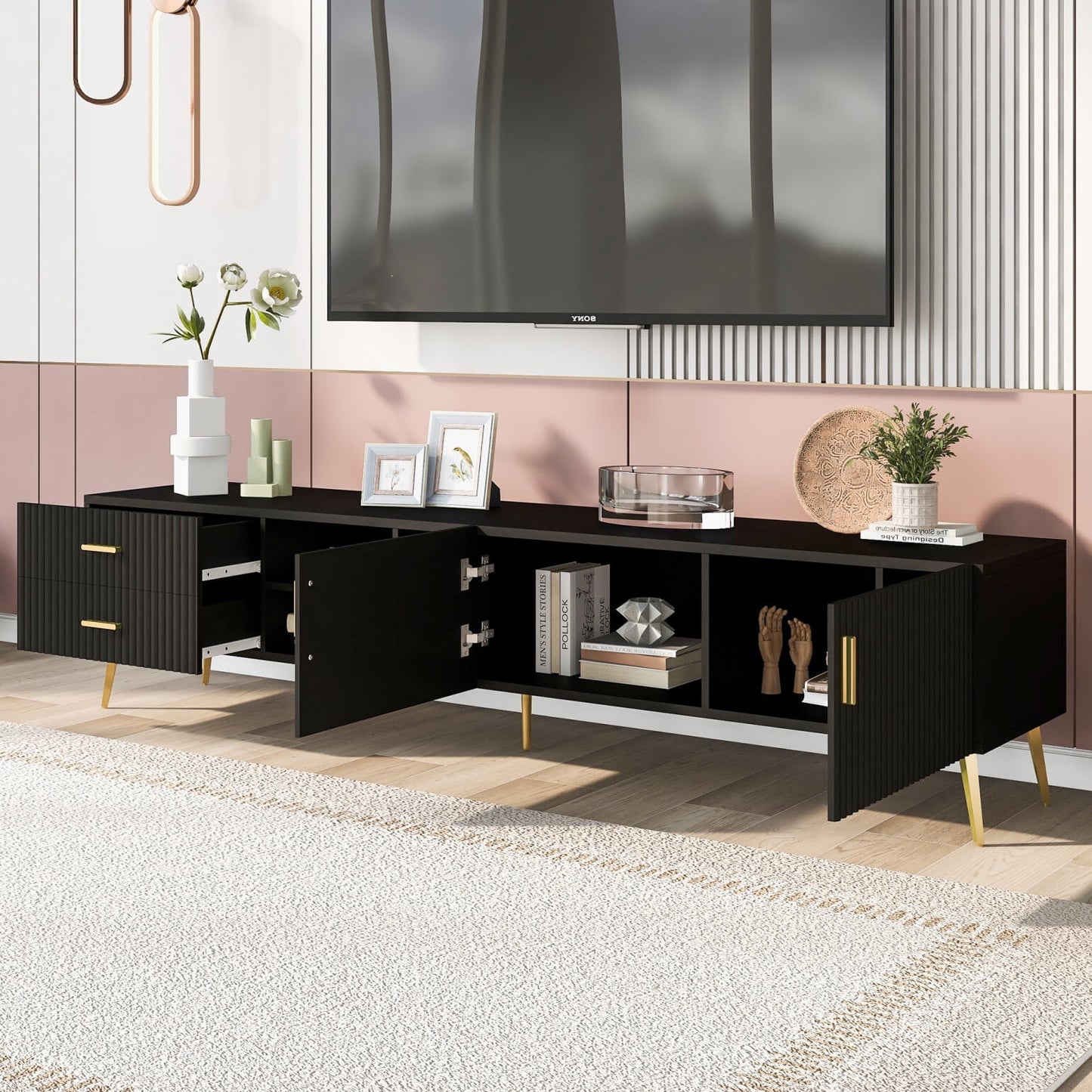 Tv Stand up to 77 inch, TV Stands for Living Room Entertainment Center with 2 Drawers and Open Shelves, Modern TV Stand with Storage in MDF, TV Console Table Media Cabinet for Bedroom, Office, Black