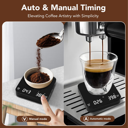 VAMOUT Coffee Scale with Timer, Rechargeable Mini Espresso Scale, 2kg/0.1g Accurate Food Scale for Pour-Over and Espresso Coffee, LCD Display, Portable Digital Kitchen Scale with Automatic Timing