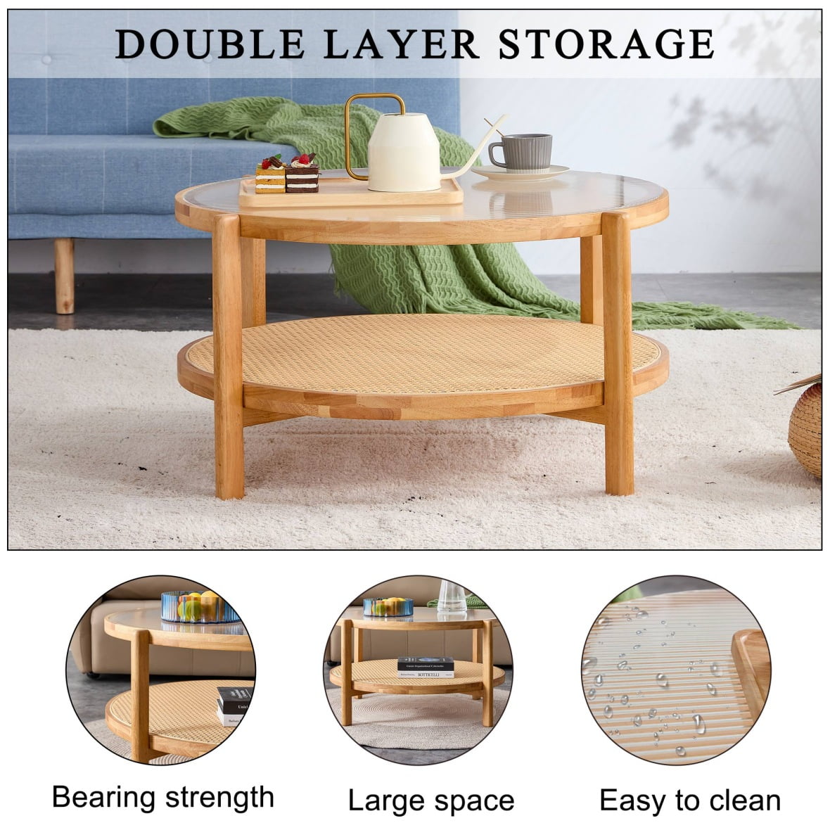 Modern Rattan Coffee Table, Double-Layer Round Coffee Table with Solid Wood Legs, Glass Top Coffee Table for Living Room Lounge Bedroom, Natural Wood