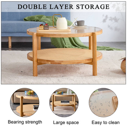 Modern Rattan Coffee Table, Double-Layer Round Coffee Table with Solid Wood Legs, Glass Top Coffee Table for Living Room Lounge Bedroom, Natural Wood