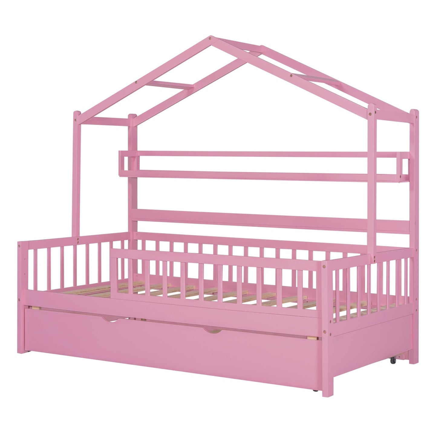 Modern Twin House Bed with Roof and Trundle, Wooden Kids Bed Frame with Storage Shelf, Cute Playhouse Bed with Fence Guardrails for Kids, Teens, Boys, Girls, Pink