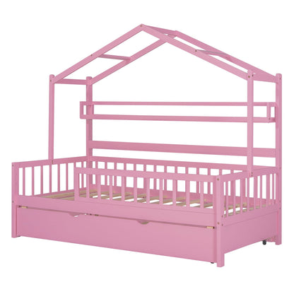 Modern Twin House Bed with Roof and Trundle, Wooden Kids Bed Frame with Storage Shelf, Cute Playhouse Bed with Fence Guardrails for Kids, Teens, Boys, Girls, Pink