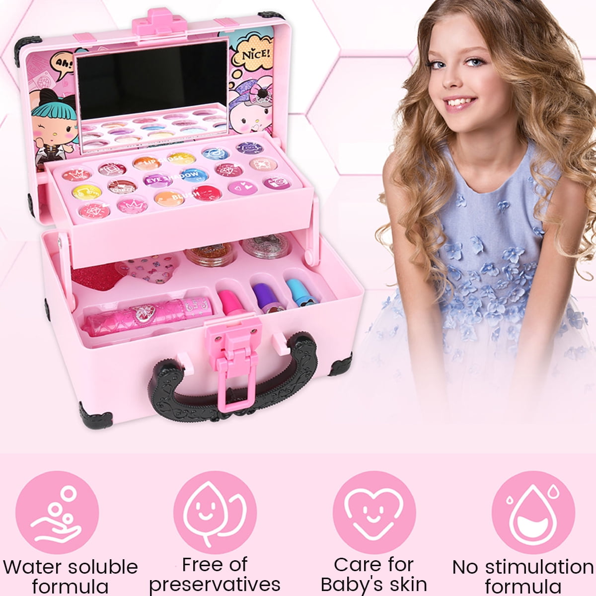 Washable Cosmetic Set Kids Girls Makeup Kit Fold Out play Vanity Makeup Toy Palette Box with Mirror Lipstick for Girls