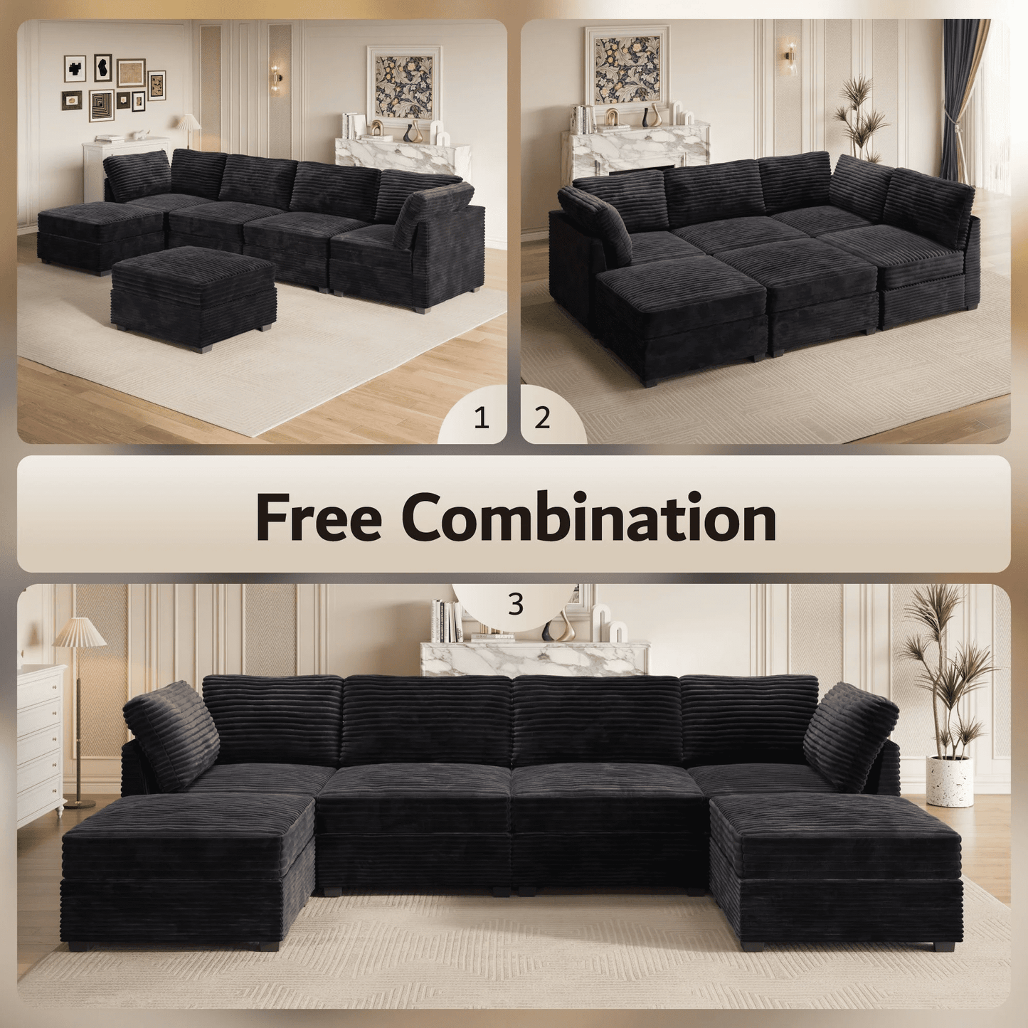 Vcatnet 130.7" Modular Sectional Sofa Couch Corduroy L Shaped Oversized Modern Minimalist Couch with Deep Seat and Ottoman for Living Room, 4 Seat, Black
