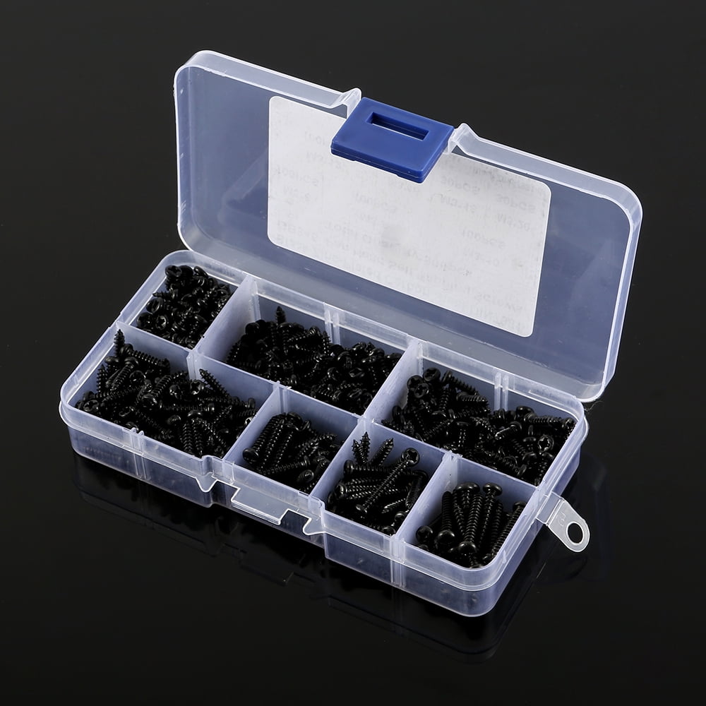ODOMY 500 PCS M3 Black Self Drilling Screws, Round Head Self-tapping Screws for Soft Wood Metal, with Plastic Box